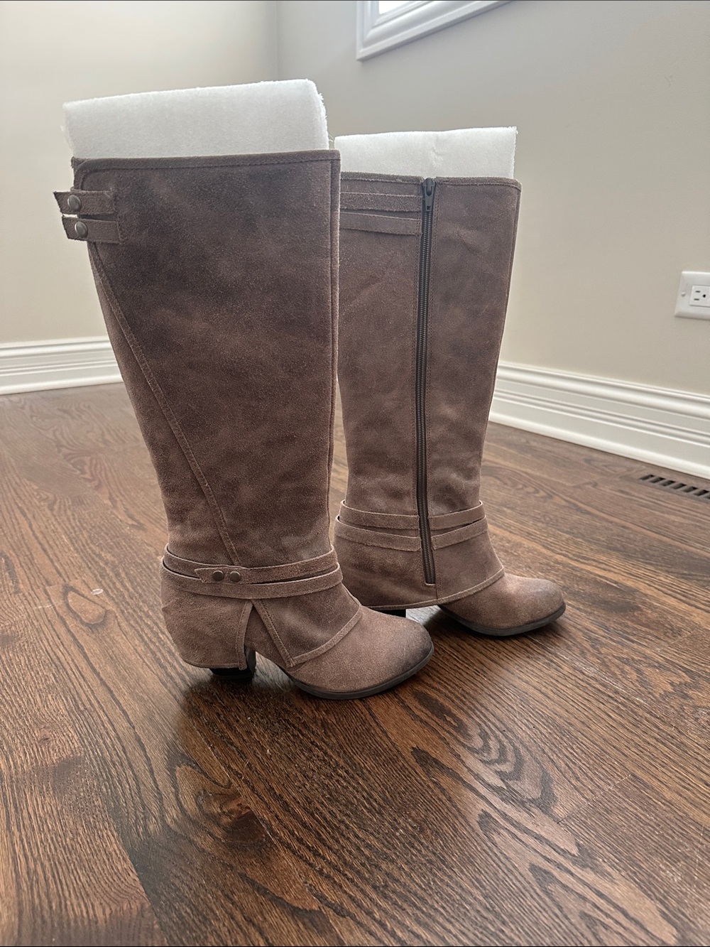 Fergie Taupe Suede Knee Boots with Wrap Strap Detail